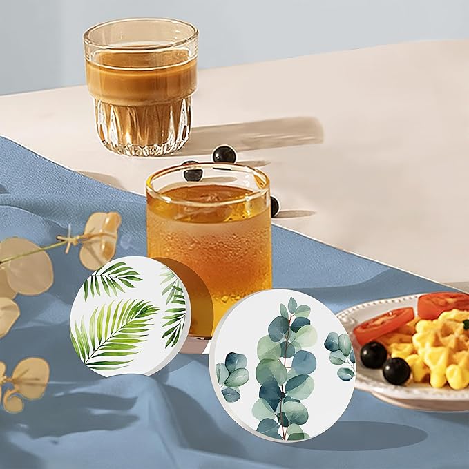 6 Pcs Coasters for Drinks with Holder, Green Leaves Absorbent Ceramic Coasters with Cork Base,Cute Funny Table Drinks Coasters Tabletop Protection Mat,Table Home Decor,4 Inches