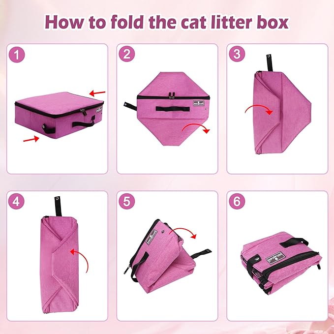 HiCaptain Portable Cat Travel Litter Box with Lid, Collapsible Travel Litter Box for Medium and Large Cats, Leak Proof, Foldable Standard Litter Carrier Box for Traveling - Pink