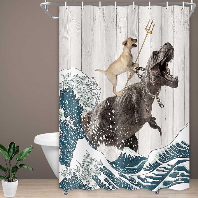 Boziqr Funny Dog Shower Curtain, Japanese Ocean Wave Dinosaur Rustic Barn Door Decor Fabric Bathroom Curtains Set, Cute Animal Kids Polyester Fabric Waterproof, 48 X 70 Inches