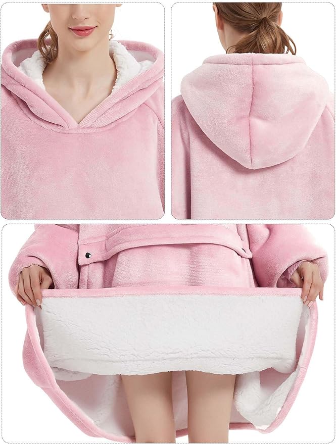 KFUBUO Wearable Blanket Hoodie for Adult Sherpa Oversized Hoodie Sweatshirt Blanket with Pockets Birthday Gifts for Women Pink