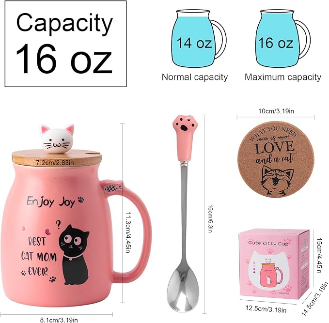 Best Mom Ever Coffee Mug Mothers Day Gift for Mom from Daughter Son, Novelty Coffee Mug for Mama Birthday Gifts for Women, Her, Wife, Sister, Grandma, Cute Cat Ceramic Coffee Mug with Spoon, Pink