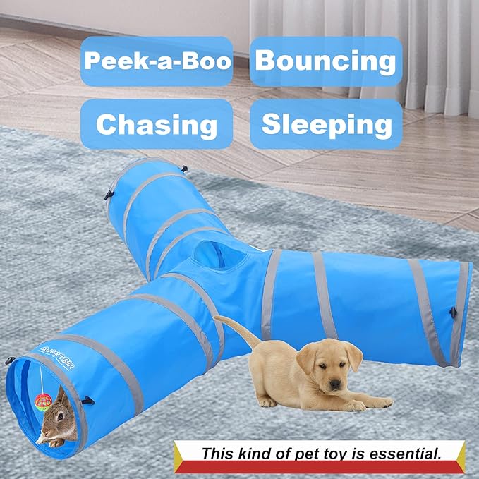 3 Way Cat Tube Tunnel - Indoor Cat Toy Tunnels Includes Crinkle Paper, Mouse Toy - Connect More Tunnels - Pop Up Collapsible - 10 Inch Diameter (Blue)