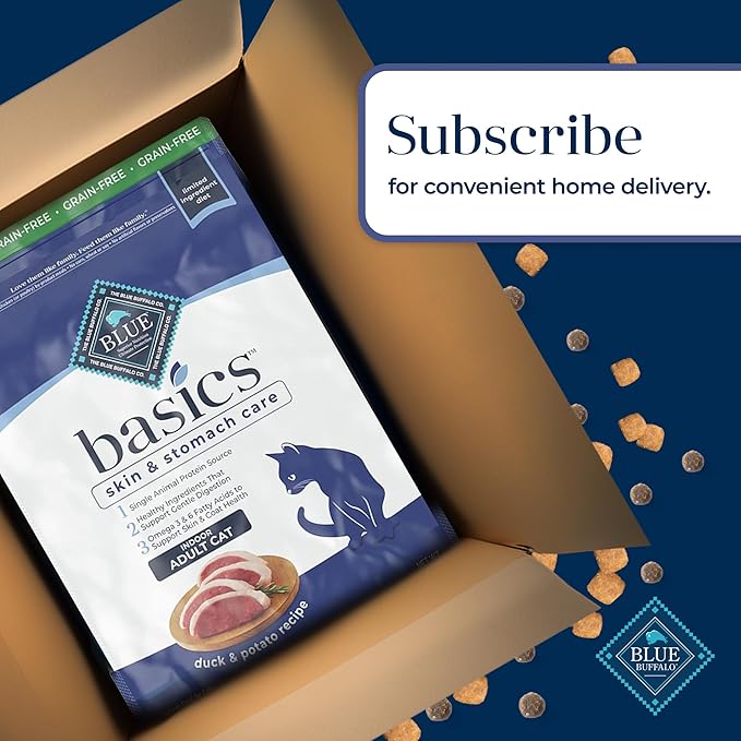 Blue Buffalo Basics Grain-Free Dry Cat Food, Skin & Stomach Care, Limited Ingredient Diet for Indoor Cats, Duck & Potato Recipe, 11-lb. Bag