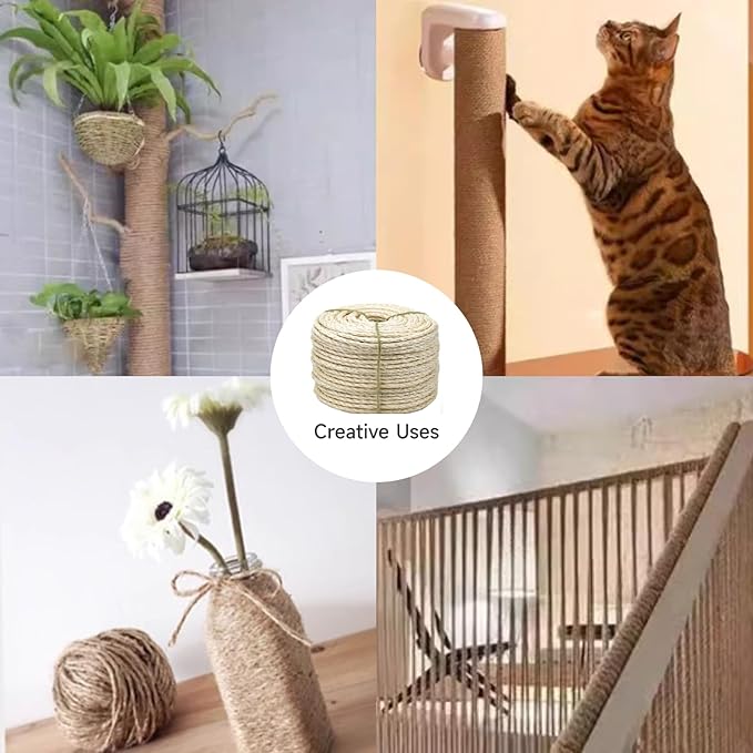 Multicolor Natural Hemp Rope, Cat Scratching Posts Replacement Rope,Repair and Replace Scratching Post cat Tree, 1/4" Rope Cat Scratch Post DIY Jute Twine,Come with a Play Ball.(164FT, White)