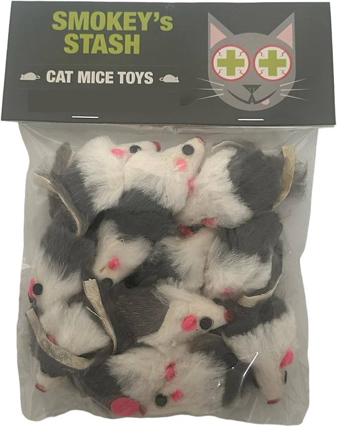 Smokey's Stash Gray and White Faux Fur Cat Mice Toy 12 Per Pack Multi Color Realistic Interactive Small Mouse with Rattle and Catnip Safe for Adult Cats and Kittens