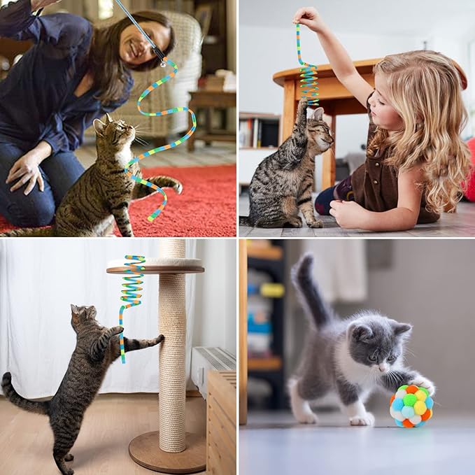 TUSATIY Cat Toys 3Pack, Cat Wand Toy Cat Fuzzy Balls with Bells &Cat Springs, Rainbow Color Interactive Cat Toys for Indoor Cats Kittens (Rainbow-Green)