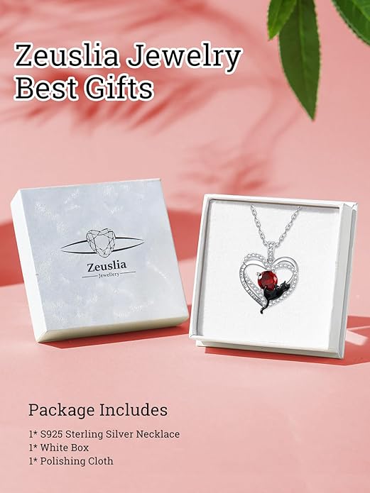 Birthstone Cat Necklaces,925 Sterling Silver Cat Necklace Heart Pendant for Women,Dainty Animal Jewelry for Her,Wedding Anniversary Birthday Gifts for Women Mom Grandma