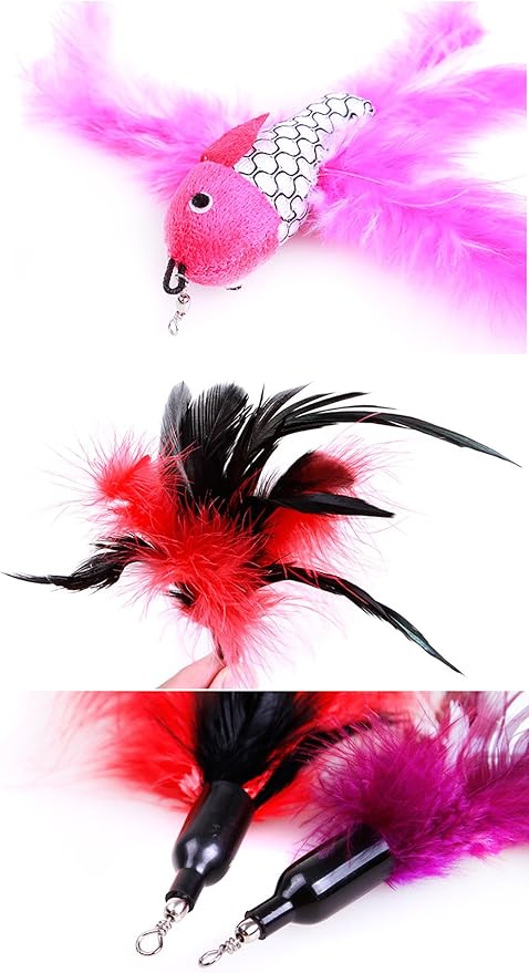 2 Pcs Cat Toys Interactive Refill Replacement Feather Pack Furry Tail Butterfly Dragonfly Fish Mouse Caterpillar Worm Birds Feathers for Kitten Cats CT15-11 Brown Long Feather