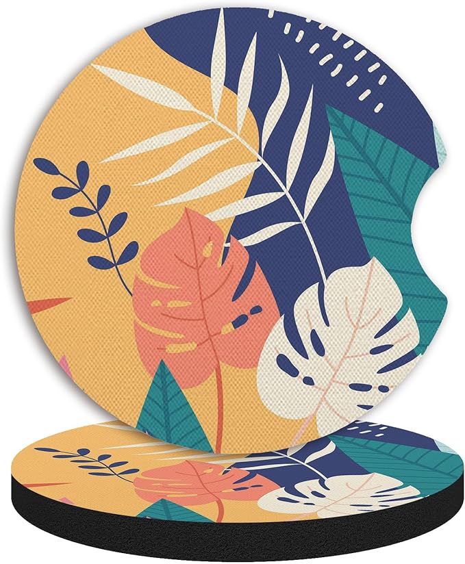 2pcs Car Cup Holder Coasters, Universal Auto Anti Slip Coasters, Tropical Leaves Design Rubber Car Coasters with A Finger Groove, Cute Car Accessories for Women&Men
