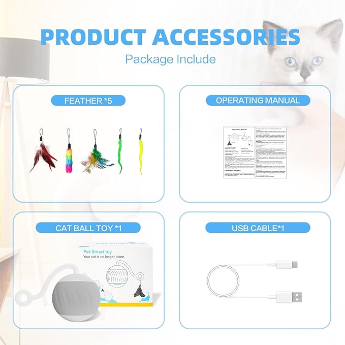 Cat Toys, Turbo Tail Popper Cat Toy 2-Speed Interactive Turbo Tail Mouse Cat Ball Toy Touch Control and Sound Control Smart Start Cat Toy With LED Lights Feathers and USB Type-C Charging Cable