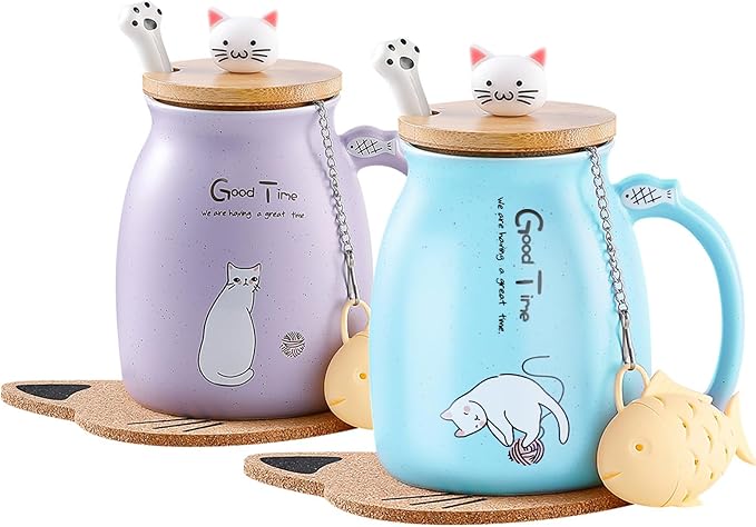 BigNoseDeer 2Pcs Kawaii Tea Cup with Infuser Ceramic Cat Mug Cute Mugs Coffee Mugs Gifts for Cat Lovers Cute Cool Preppy Stuff Mother's Day Gifts for Women 13oz