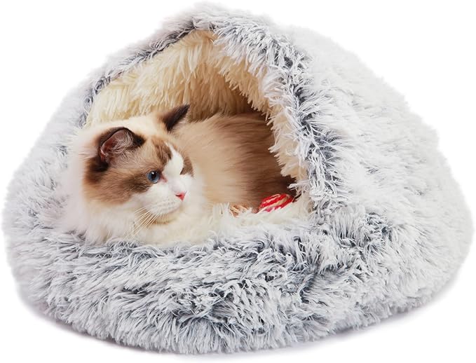 Deblue Soft Cat Beds for Indoor Cats, Round Fluffy Warm Cat Beds with Hooded Cover, Washable Calming Cozy Plush Pet Bed for Anxiety Cats and Puppies - Dia 20"