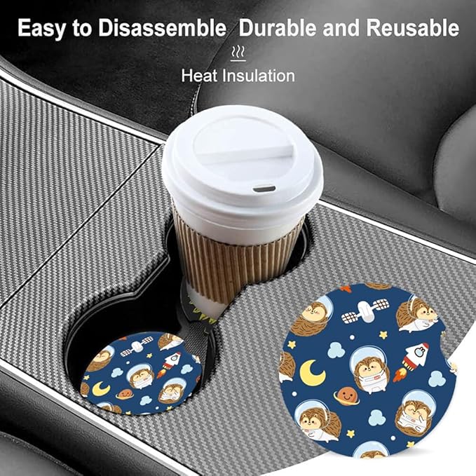 Absorbent Car Cupholder Coaster 2 Pack, Cute Car Coasters with a Finger Notch for Women & Men,2.56" Ceramic Stone & Non-Scratch Cork Base Drink Coasters, Cute Auto Accessories Gifts