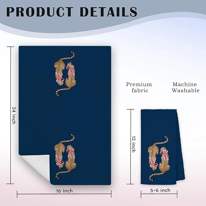 Coquette Pink Bow Two Cheetah Kitchen Towels, Navy Blue Leopard Hand Towels for Bathroom Kitchen, Trendy Preppy Leopard Decorative Dish Towels Drying Cloth, 16x24 Inch
