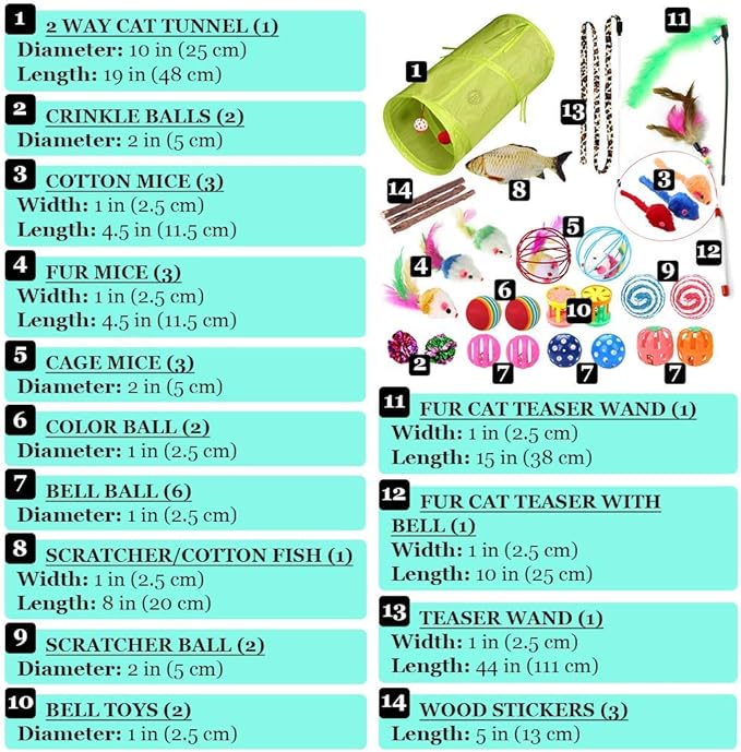 SunGrow Ferret & Cat Tunnel and Assorted Activity Variety Pack, Interactive Kitten & Ferret Accessories, for Indoors, Teaser Wand, Crinkle Balls, Bell Set, etc. (Assorted Toys, 30 Pieces)