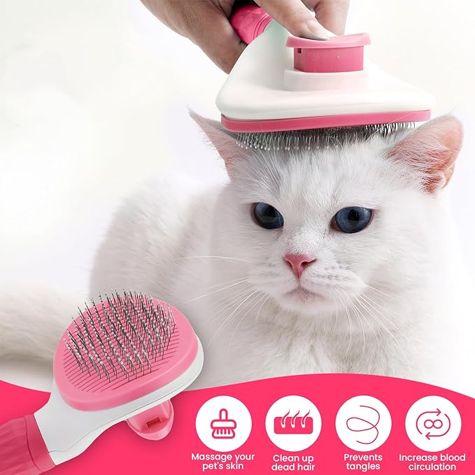 Cat & Dog Grooming Essentials: Self-Cleaning Slicker Brush for Shedding, Long Hair & Clicker for Training (PINK)