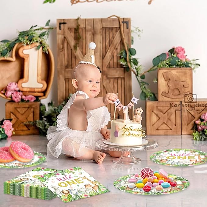 48Pcs Wild One Birthday Decorations Jungle Safari Theme Tableware Set Wild Animals Disposable Plates Napkins Forks Serves 16 Safari Baby Shower Decorations