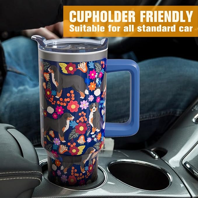 Bernese Mountain Dog Gifts for Women Lovers 40 oz Floral Bernese Mountain Tumblers with Handle and Straw, Stainless Steel Vacuum Insulated Travel Coffee Mug Cup Water Bottle