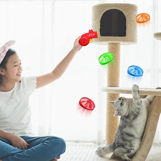 Sumind 18 Pieces Cat Fetch Tracking Interactive Toys with 5 Colors Flying Propellers for Indoor PET Cat Kitty Training Chasing (Red, Cat)