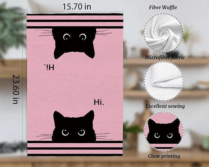 Black Cat Waffle Kitchen Towels, Gifts for Cat Lovers Moms Dish Tea Towels for Kitchen, Decorative Hand Towels for Bathroom Guest Room Decor, 16x24 Inch (Pink)