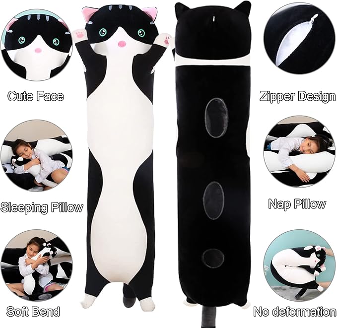 Giant Cat Pillow Plush Cartoon Kitty Sleeping Hugging Pillow, Cuddly Soft Long Kitten Body Pillow Doll Cat Cushion Toy for Kids Girlfriend (Black, 150cm/59inch)