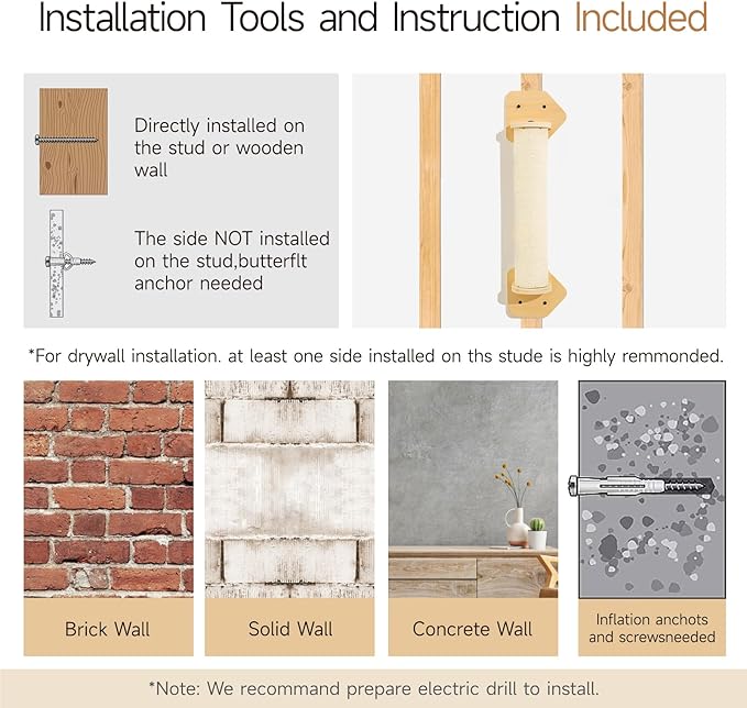 MEWOOFUN Cat Scratching Post, 22.8'' x 5.1'' Cat Wall Furniture, Wooden Sisal Cat Scratchers for Indoor Cats, Wall Mounted Tall Cat Scratching Post for Multi-Functions