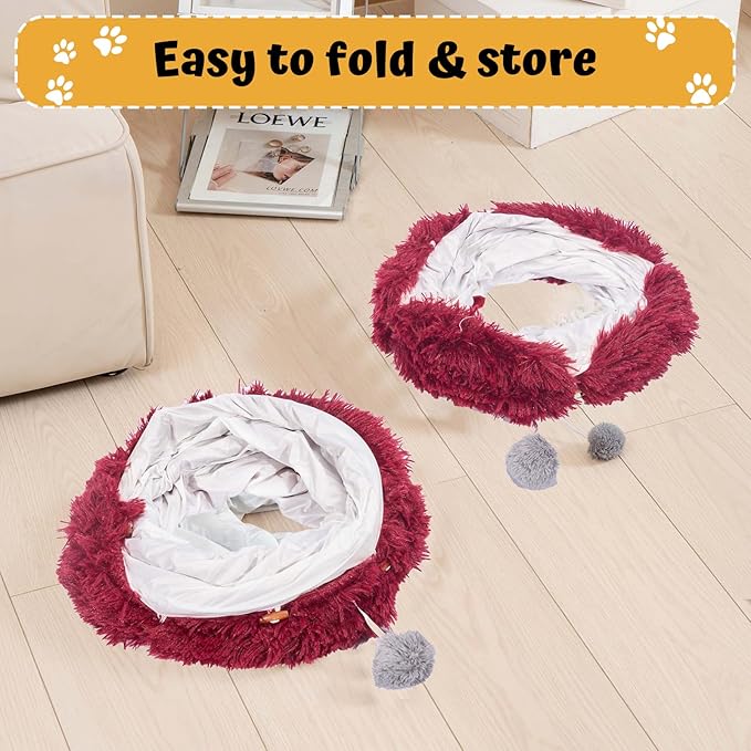 Avont Cat Tunnel Bed with Central Washable Cushion - Large Cat Tunnel Tube Toys 3 Shape to Play for Indoor Cats Kittens Puppies Ferret, Round Plush Fluffy Cat Bed with Tunnels -Red