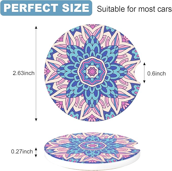 2 Pack Car Cup Holder Coasters, 2.63 inch Anti Slip Insert Absorbent Ceramic Coasters with Cork Base and Finger Notch, Cute Car Accessories Interior for Women