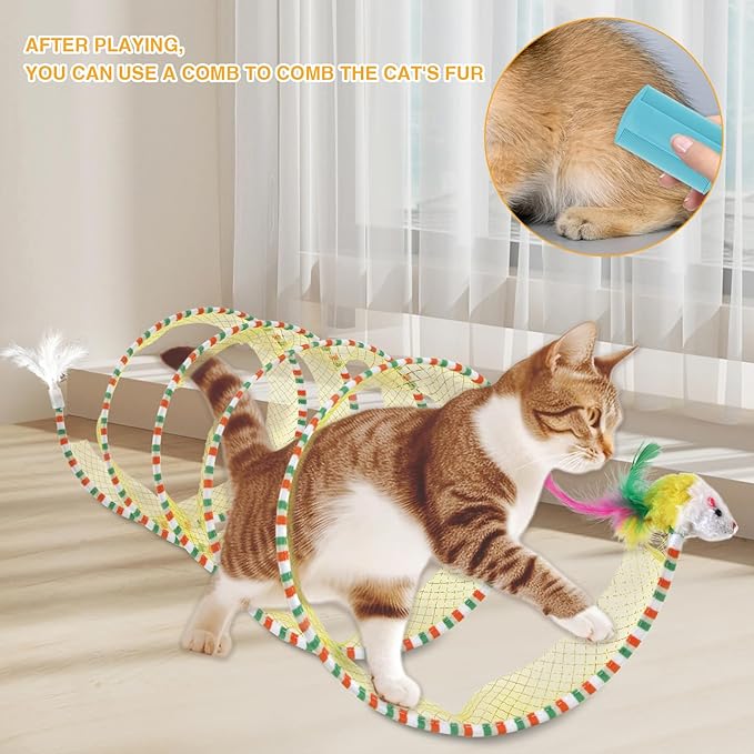 S Type Self-Play Folded Coil Cat Spiral Tunnel Toy for Indoor Large Cats Play Exercise with 2 PCS Flea Lice Combs, Decompression Interactive Cat Springs Toys (Yellow)