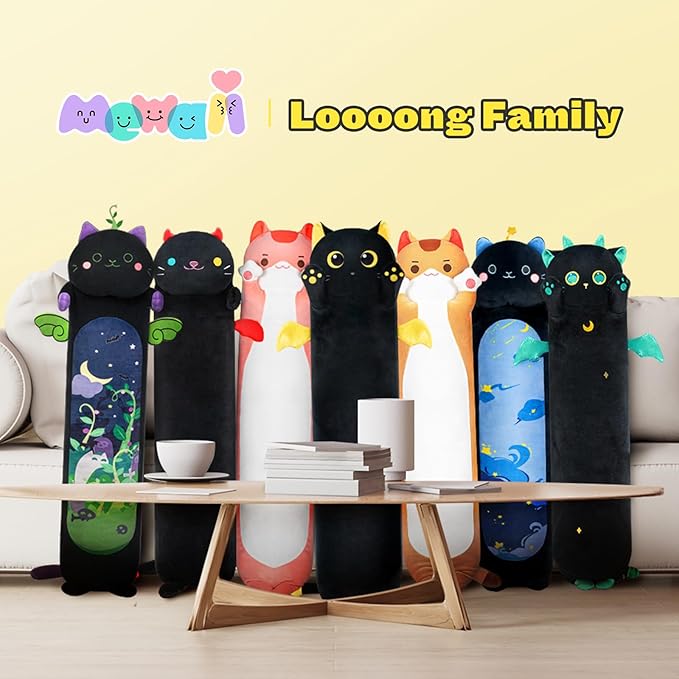 Long Cat Plush Body Pillow, 44” Cute Black Cat Stuffed Animals Plushies, Kawaii Big Squishy Plush Toys Gift for Kids Girls Boys