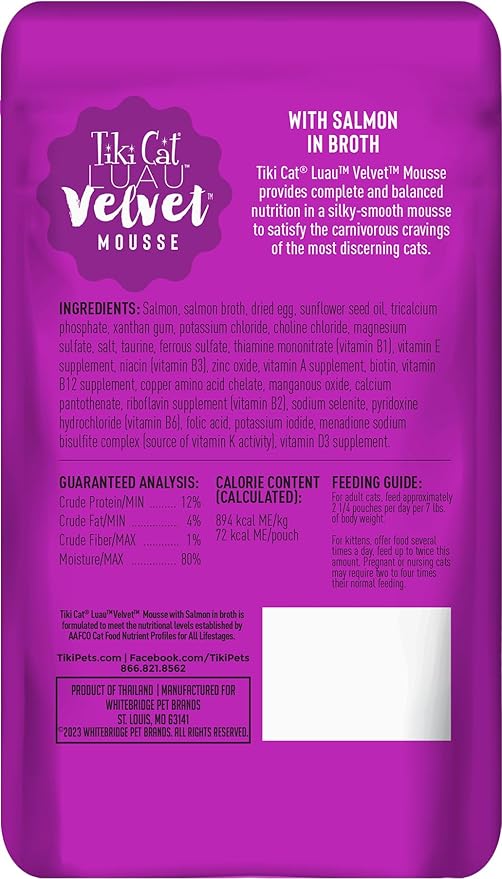 Tiki Cat Luau Velvet Mousse, Salmon in Broth, Complete Nutrition for Balanced Diet, Wet Cat Food For All Life Stages, 2.8 oz. Pouch (Pack of 12)