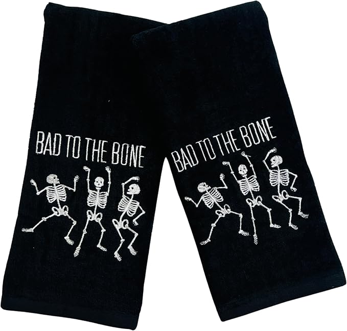 Halloween Bath Hand Towels 16”x25” Black Embroidered Cotton with Skeletons “Bad to The Bone” Set of 2 Fun Spooky Bathroom Decor for Fall Parties