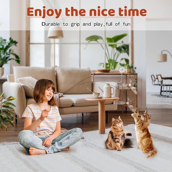 Cat Wand Toys, Interactive Cat Toys, 3 Nature Feather Refills, 35” Flexible Steel Wire, Sturdy Wood Handle and Bell, Cat Teaser Cat String Toy for Indoor Cats Kitten to Play Chase Exercise