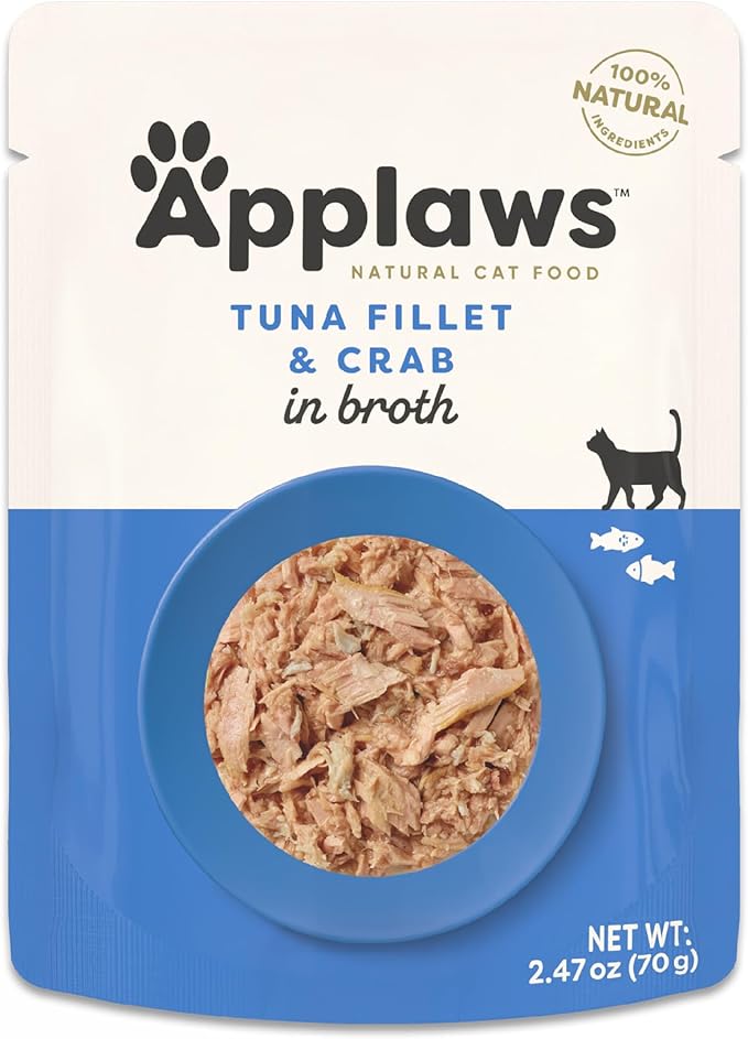 Applaws Natural Wet Cat Food in Broth, Limited Ingredient Wet Cat Food Pouches, No Additives, Made with Natural Ingredients, Tuna with Crab in Broth (12 x 2.47oz Pouches)