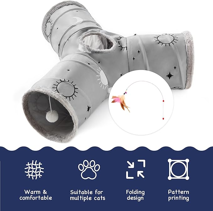 Tempcore Pet Cat Tunnel Tube Cat Toys 3 Way Collapsible, Cat Tunnels for Indoor Cats Fleece-Lined in for Warmth,Kitty Tunnel Bored Cat Pet Toys Peek Hole Toy Ball Cat, Puppy, Kitten, Rabbit Gray Sun