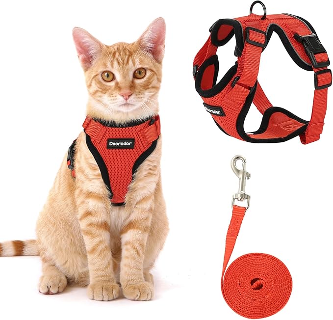 Dooradar Cat Harness and Leash Set, Escape Proof Safe Adjustable Kitten Vest Harnesses for Walking, Easy Control Soft Breathable Mesh Jacket with Reflective Strips for Cats, Reddish Orange, S
