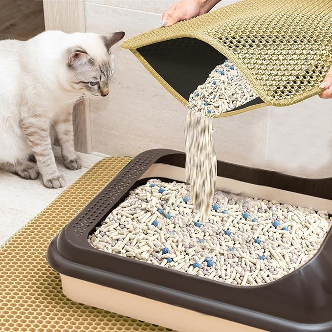 2025 𝗡𝗘𝗪 Waterproof Cat Litter Mat | Double Layer EVA, Odor-Free Large Grid | Urine Proof & Easy Cleanup | Soft on Paws | Versatile Design for Litter and Feeding (Khaki, 12×12)