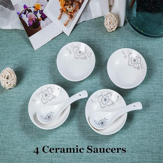 4 Pack Saucer Dishes with Flower Pattern, Ceramic Dipping Bowls, 4 Inch Side Dishes Sauce Dishes for Sushi Sauce Snack, Porcelain Seasoning Dishes Appetizer Plates, Snack Serving Dishes