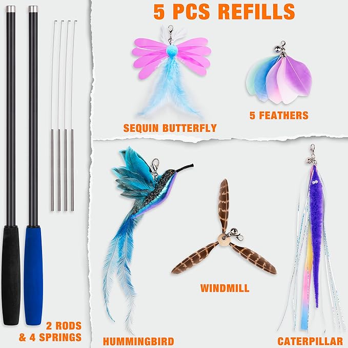 JXFUKAL 2025 Latest Cat Toys, 2 in 1 Spring Cat Wand Toy with 2PCS Ultra-Long Cat Teaser, 4PCS Spring Steel Wire & 5PCS Feather Refills for Kitty Kitten Indoor Cats Cat Accessories