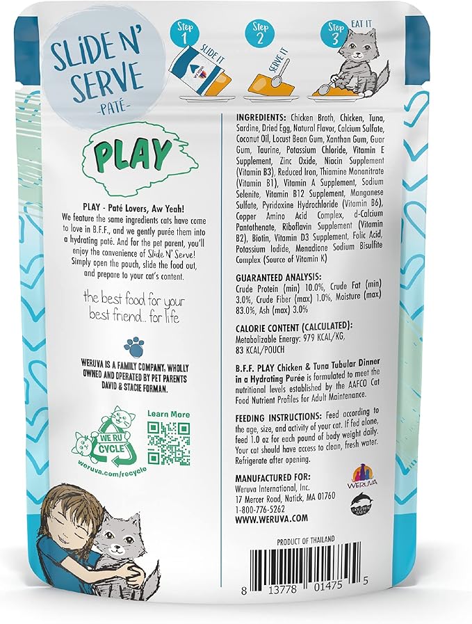 Weruva B.F.F. Play - Best Feline Friend Paté Lovers, Aw Yeah!, Chicken & Tuna Tubular with Chicken & Tuna, 3oz Pouch (Pack of 12)