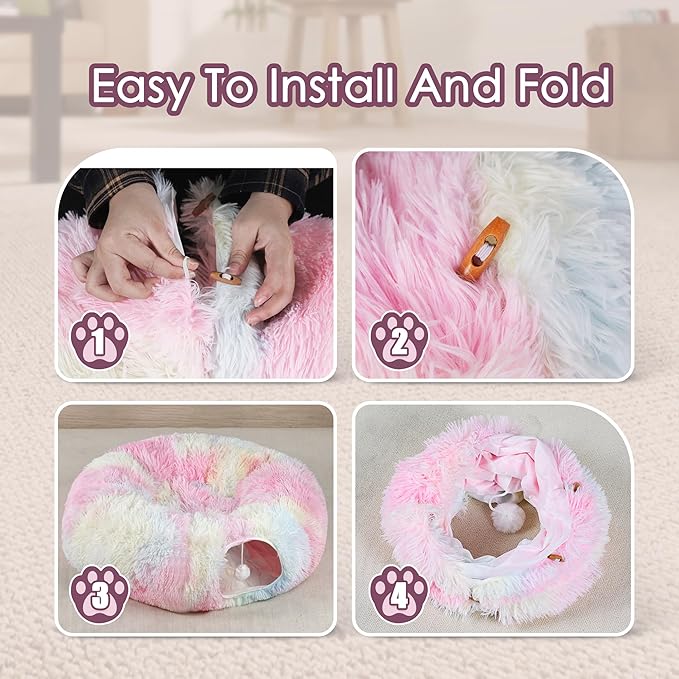 Cat Tunnel Bed for Indoor Cats, Catasaurus Peekaboo Cat Cave with Washable Soft Play Mat, Furry Cat Tube, for Kitten/Puppy/Rabbit, Pink