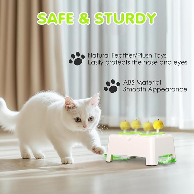 Cat Toys, 2 in1 Automatic Interactive Cat Toys for Indoor Cats, 4 Holes Mice Whack a Mole Cat Mouse Toy with Moving Feather, Rechargeable USB Power Kitten Feather Toys for All Breeds (Green)