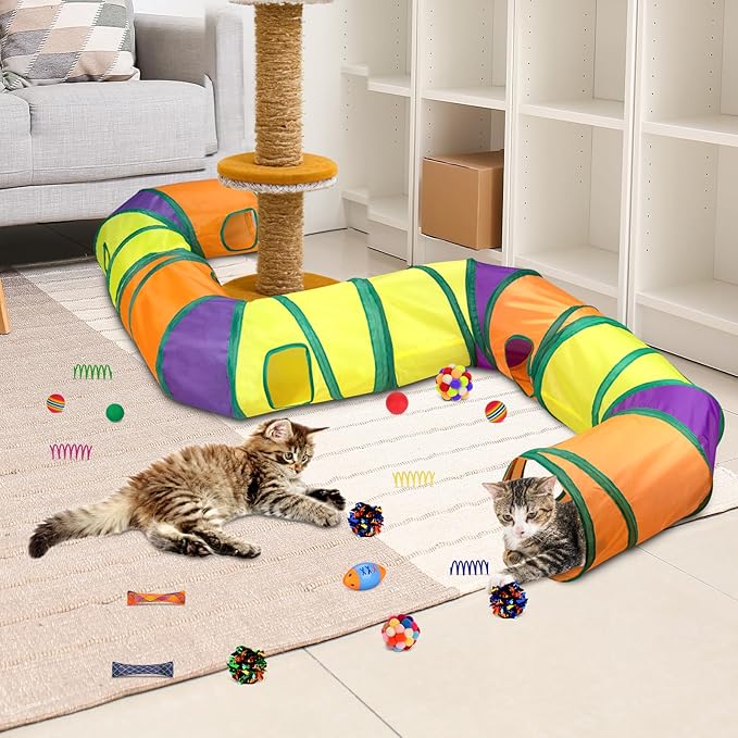 Cat Toys 25 Pcs,Kitten Toys for Indoor Cats,4 Collapsible Cat Tunnel Tubes Interactive Feather Teaser Wand Toy for Kitten Cats Springs Mouse Crinkle Toys Rainbow Football Cat Ball with Bell Toy