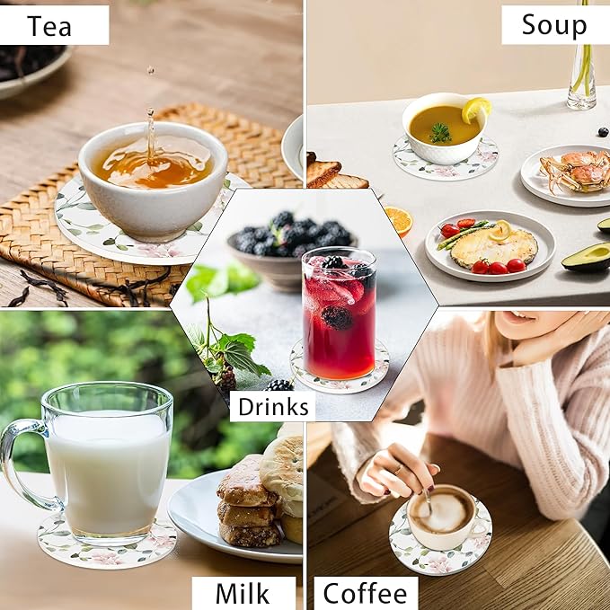 6 Pcs Drink Coasters with Holder,Abstract Watercolor Floral Green Leaves Absorbent Round Ceramic Coaster for Tabletop Protection,for Coffee Cup Beverage Coasters Wine Beer Bar