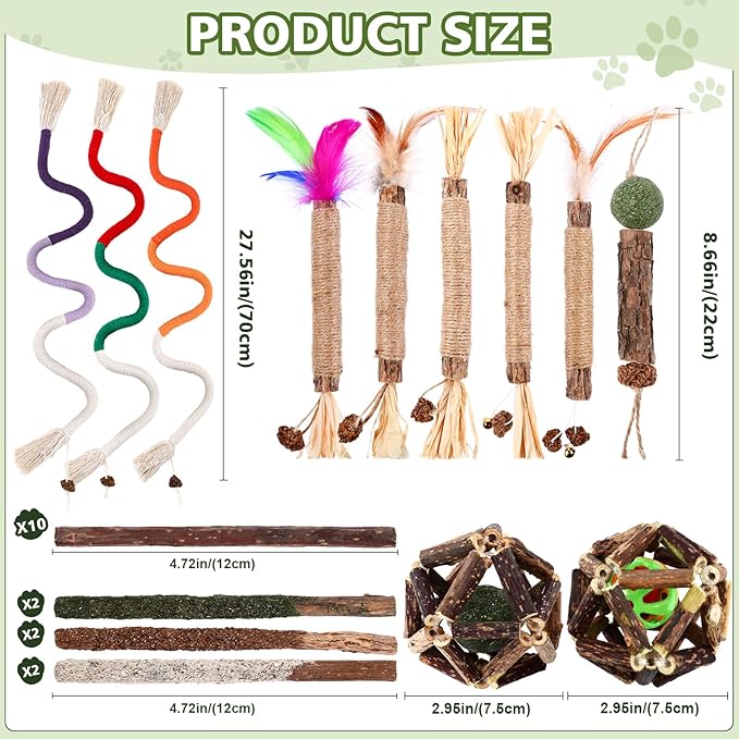 27 Pack Catnip Chew Toys for Cats,Cotton Sisal Rope Toys,Cat Natural Silvervine Sticks,for Cat Teeth Cleaning and Dental Care,Interactive Cat Toy for Bored Indoor Cats