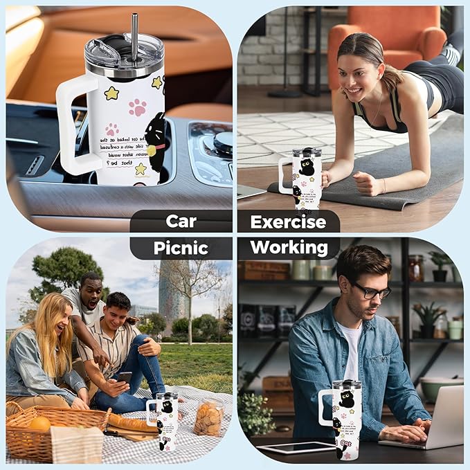 40 oz Tumbler with Handle and Lid, Cat Lover Gift for Women, Stainless Steel Coffee Mug Cat Cup with Handle Christmas Birthday Gift for Mom Wife Girls Insulated Tumbler