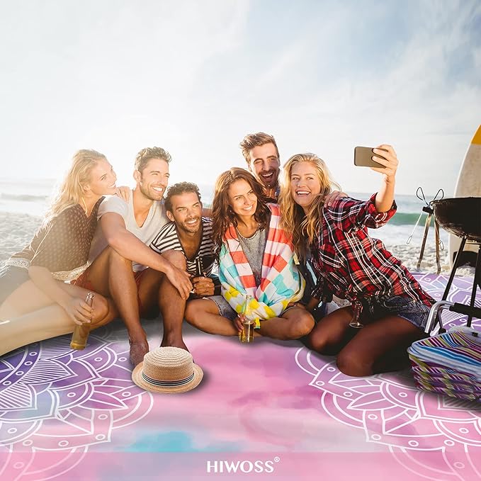 Beach Blanket Waterproof Sandproof Oversized 95”x 80”,Sand Free Beach Mat with Corner Pockets,Portable Mesh Bag for Beach Festival,Picnic,Travel and Outdoor Camping (PinkMandala)