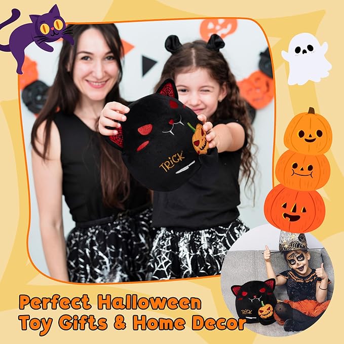 Black Cat Plush Birthday Gift - Two-Sided Stuffed Animal Toy, Funny 9.4" Soft Pumpkin Throw Pillow for Kids, Boys, Girls - 1 Piece