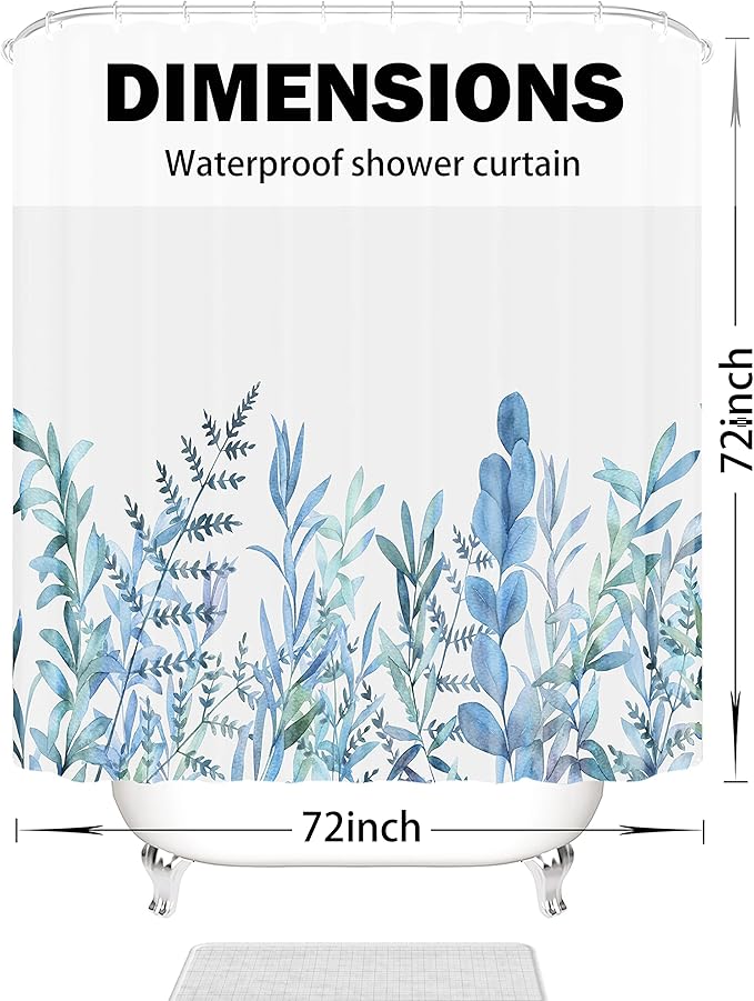 Blue Flower Shower Curtains for Bathroom,Watercolor Plant Leaf Shower Curtain, Eucalyptus Spring Shower Curtain with 12 Hooks, Waterproof Fabric Shower Curtains for Bathroom, 72x72inch