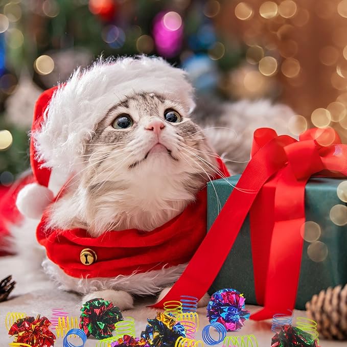 SEVENKA Cat Toys 8 Pcs Color Crinkle Balls and 24 Spring Toys, 2in/5cm Cat Toy Balls, Kitten Toys, Plastic Spiral Springs for Cat Swatting, Biting, Hunting, Active Healthy Play